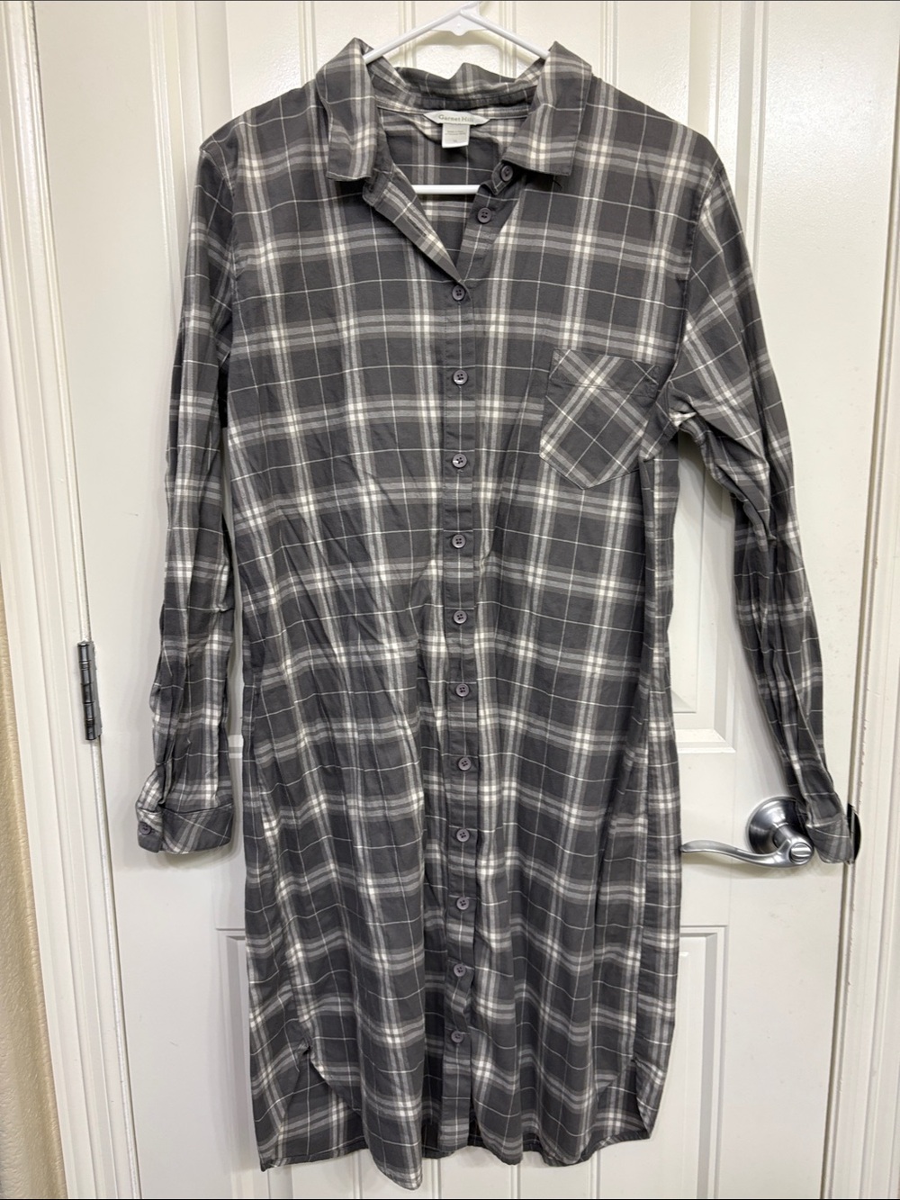 Garnet Hill Gray Plaid Long-Sleeve Button-Front Dress
